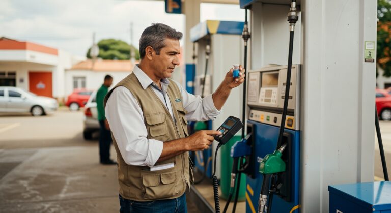 Fiscal de cabelos grisalhos em colete bege analisa amostra de combustível com equipamento eletrônico em posto de gasolina