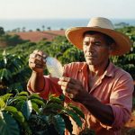 Produtor rural de chapéu analisa folha de café em plantação com tecnologia agrícola sustentável orgânica