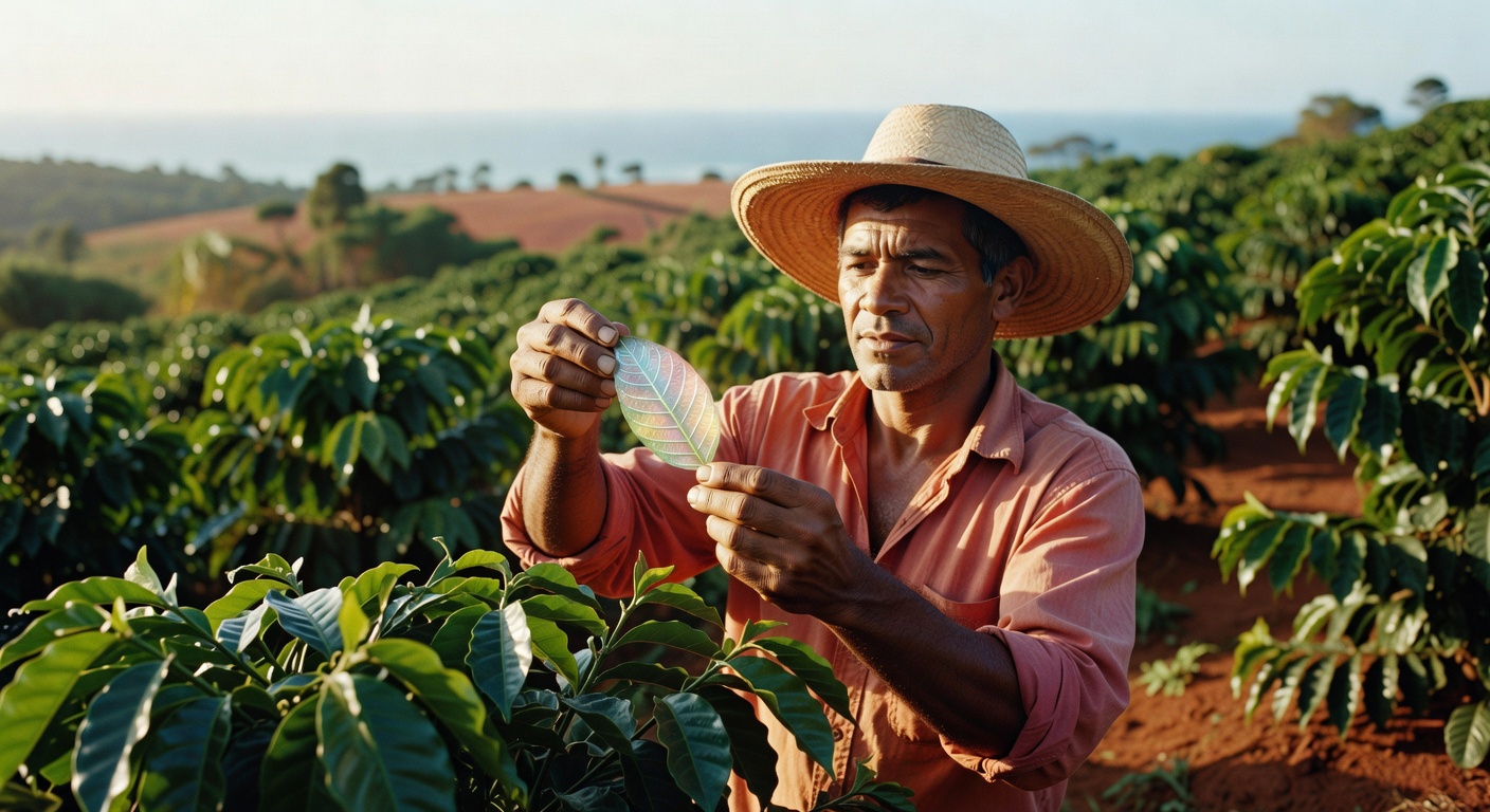 Produtor rural de chapéu analisa folha de café em plantação com tecnologia agrícola sustentável orgânica