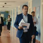 Homem de terno azul caminha em corredor institucional carregando documentos, acompanhado por assessores - ministro fazenda