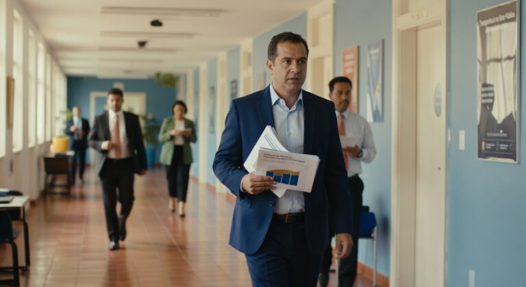 Homem de terno azul caminha em corredor institucional carregando documentos, acompanhado por assessores - ministro fazenda