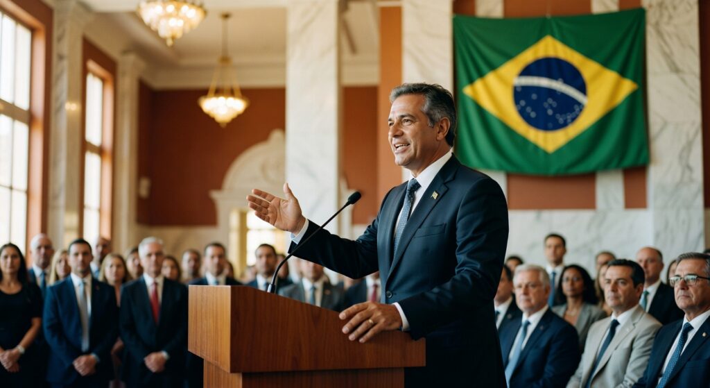Homem de terno discursando em púlpito com bandeira do Brasil ao fundo e plateia presente em evento governamental