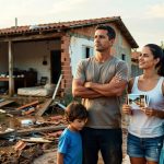 Família de quatro pessoas observa casa danificada por enchente com água e destroços espalhados, impactos econômicos