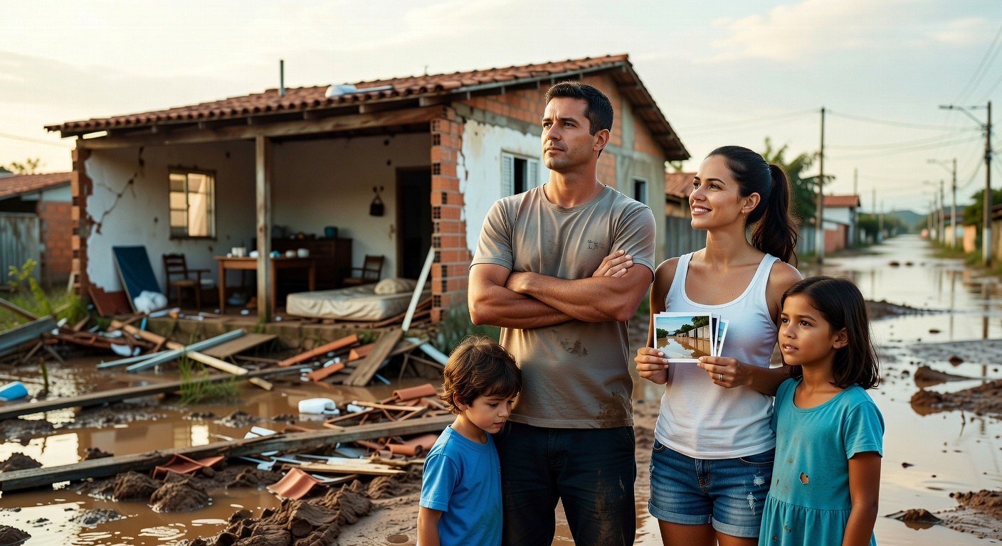 Família de quatro pessoas observa casa danificada por enchente com água e destroços espalhados, impactos econômicos