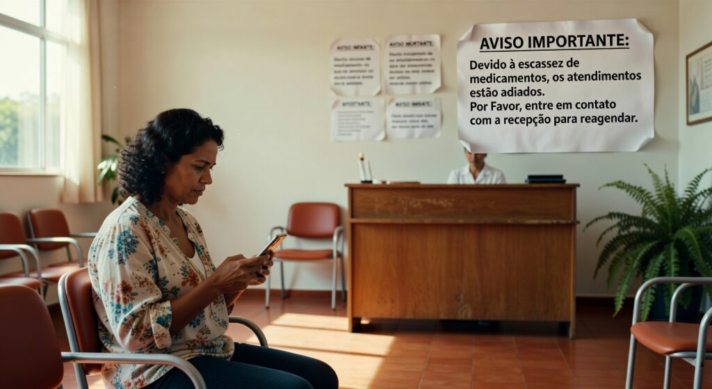 Mulher sentada em sala de espera de clínica médica usando celular, com aviso sobre escassez de medicamentos na parede
