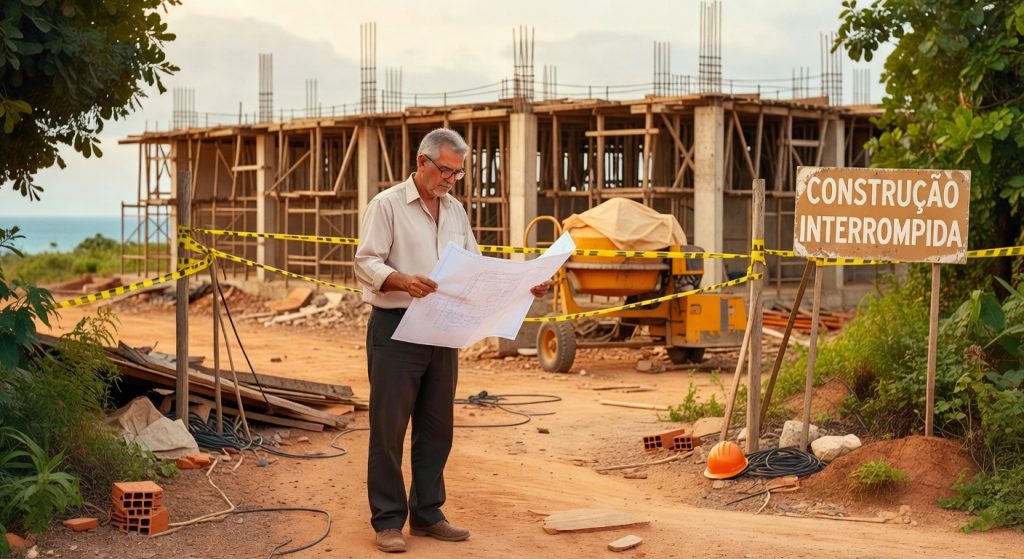 Homem analisando plantas arquitetônicas em canteiro de obra escolar paralisada com placa construção civil educação