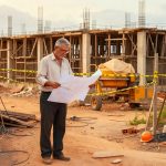 Homem analisando plantas arquitetônicas em canteiro de obra escolar paralisada com placa construção civil educação