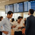 Executivos verificam celulares em área de embarque de aeroporto com painéis eletrônicos de voos cancelados ao fundo aviação