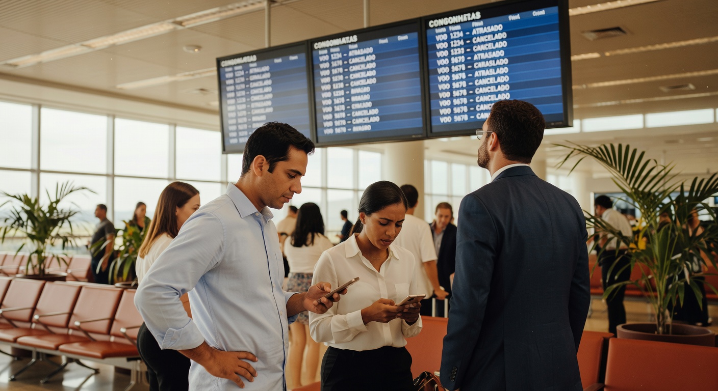 Executivos verificam celulares em área de embarque de aeroporto com painéis eletrônicos de voos cancelados ao fundo aviação