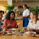 Grupo de profissionais conversando durante refeição em restaurante empresarial, representando benefícios corporativos PAT