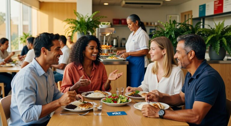 Grupo de profissionais conversando durante refeição em restaurante empresarial, representando benefícios corporativos PAT