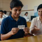 Jovem estudante segura cartão do programa Pé-de-Meia enquanto recebe orientações de profissional da educação em ambiente escolar