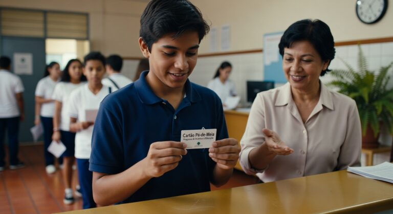 Jovem estudante segura cartão do programa Pé-de-Meia enquanto recebe orientações de profissional da educação em ambiente escolar