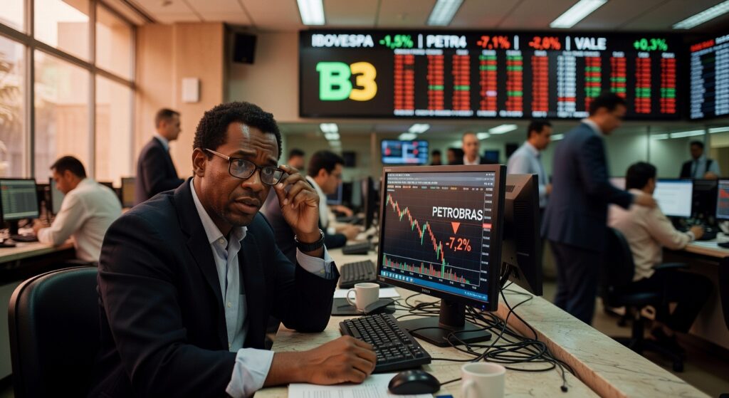 Trader preocupado observa monitor com gráfico da Petrobras mostrando queda de 7,2% no pregão da bolsa B3