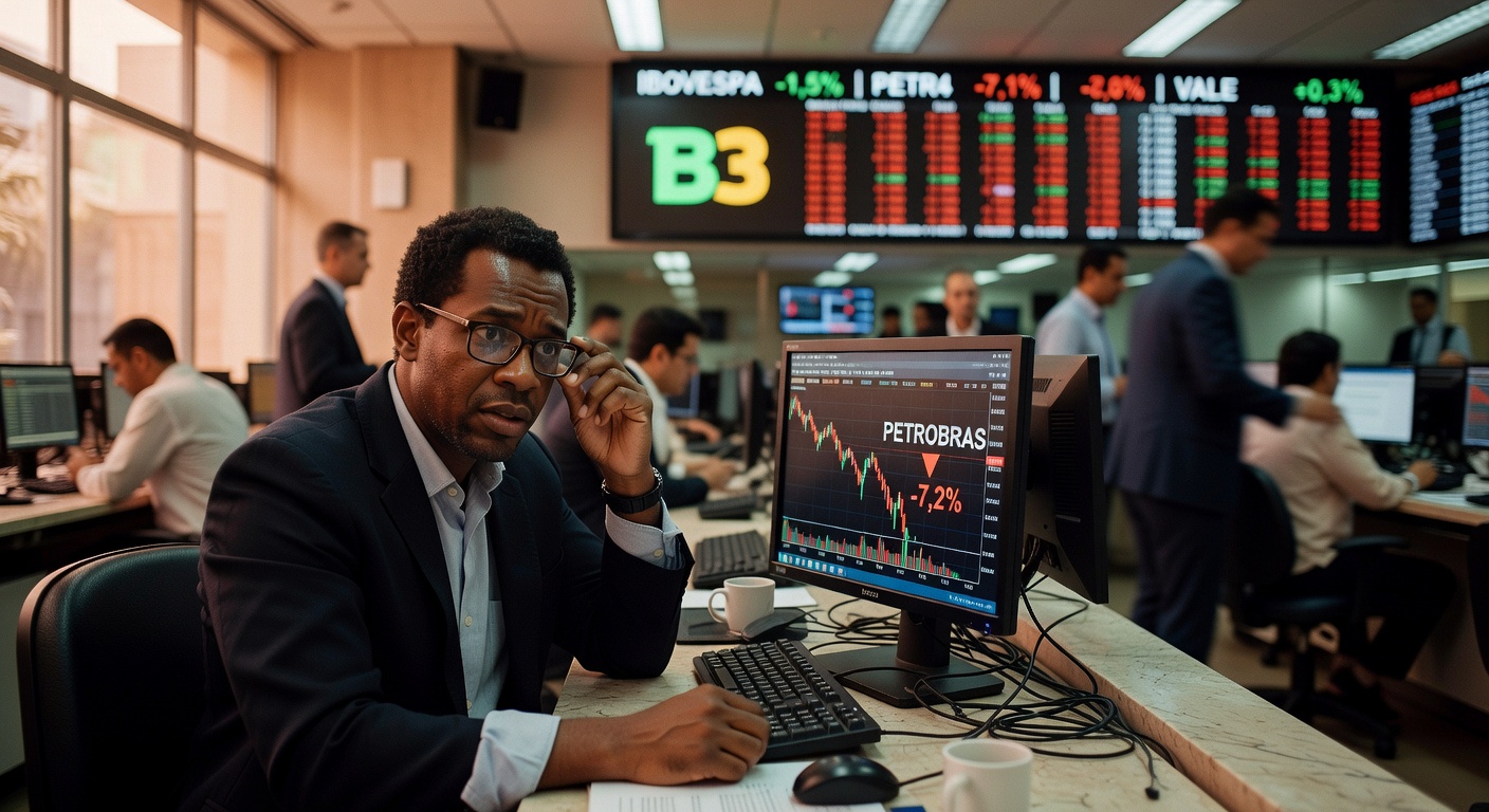 Trader preocupado observa monitor com gráfico da Petrobras mostrando queda de 7,2% no pregão da bolsa B3