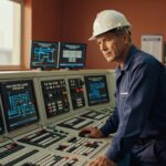Engenheiro com capacete branco operando painel de controle industrial com monitores e sistemas de automação petróleo