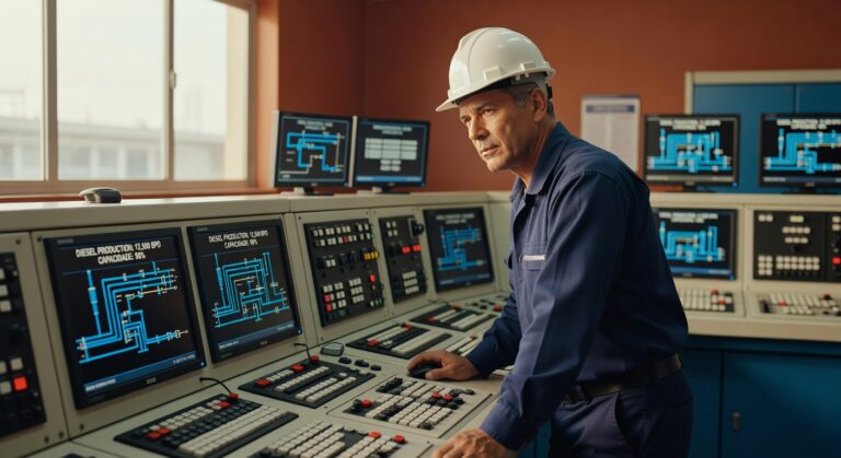 Engenheiro com capacete branco operando painel de controle industrial com monitores e sistemas de automação petróleo