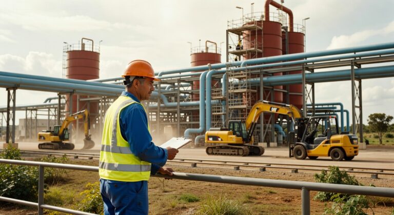Engenheiro com capacete laranja e colete refletivo segura prancheta em planta industrial com tanques e tubulações petróleo
