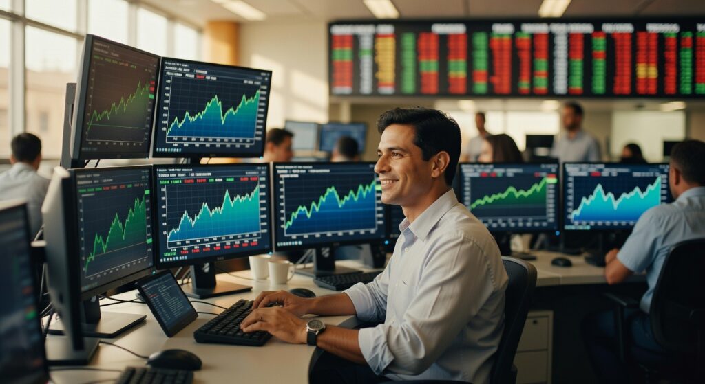 Trader sorridente analisa múltiplos gráficos de ações em monitores com dados do mercado financeiro em ambiente corporativo