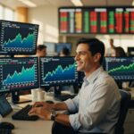 Trader sorridente analisa múltiplos gráficos de ações em monitores com dados do mercado financeiro em ambiente corporativo