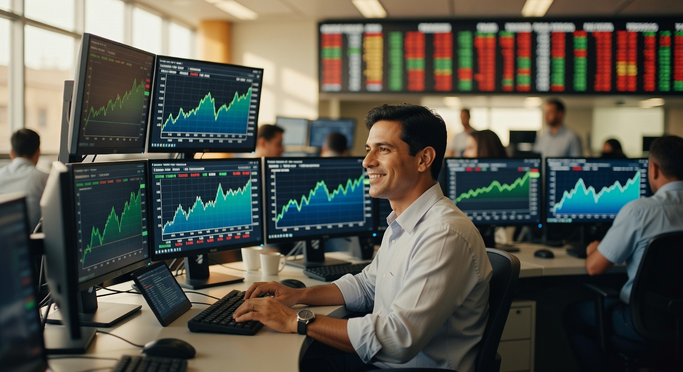 Trader sorridente analisa múltiplos gráficos de ações em monitores com dados do mercado financeiro em ambiente corporativo