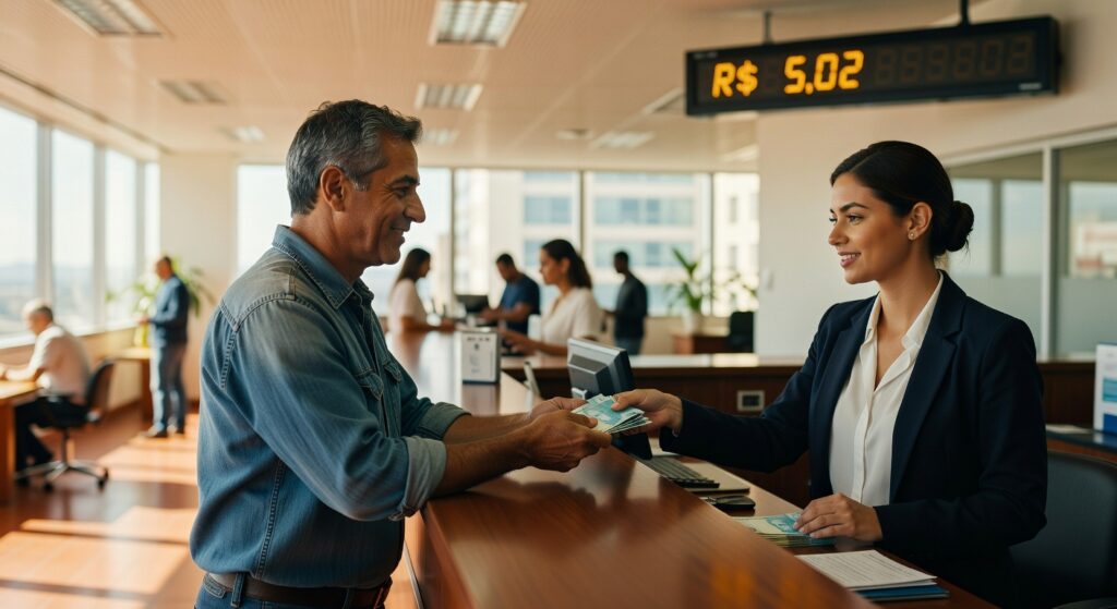 Homem de camisa jeans recebendo dinheiro de funcionária bancária em agência, painel mostra R$ 5,02, mercado financeiro