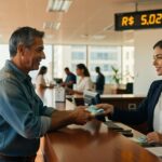 Homem de camisa jeans recebendo dinheiro de funcionária bancária em agência, painel mostra R$ 5,02, mercado financeiro