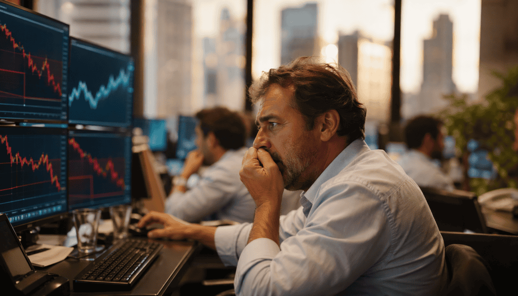 Trader concentrado observando monitores com gráficos financeiros em declínio, bolsa de valores em ambiente corporativo