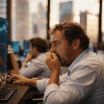 Trader concentrado observando monitores com gráficos financeiros em declínio, bolsa de valores em ambiente corporativo