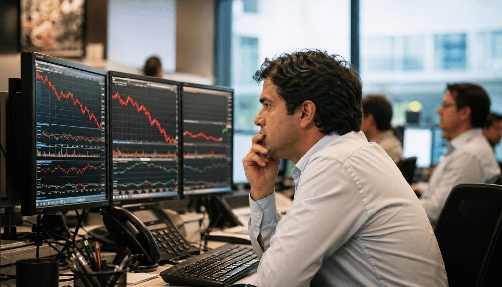 Trader concentrado observando múltiplos monitores com gráficos financeiros em queda, mercado de ações Ibovespa