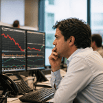 Trader concentrado observando múltiplos monitores com gráficos financeiros em queda, mercado de ações Ibovespa