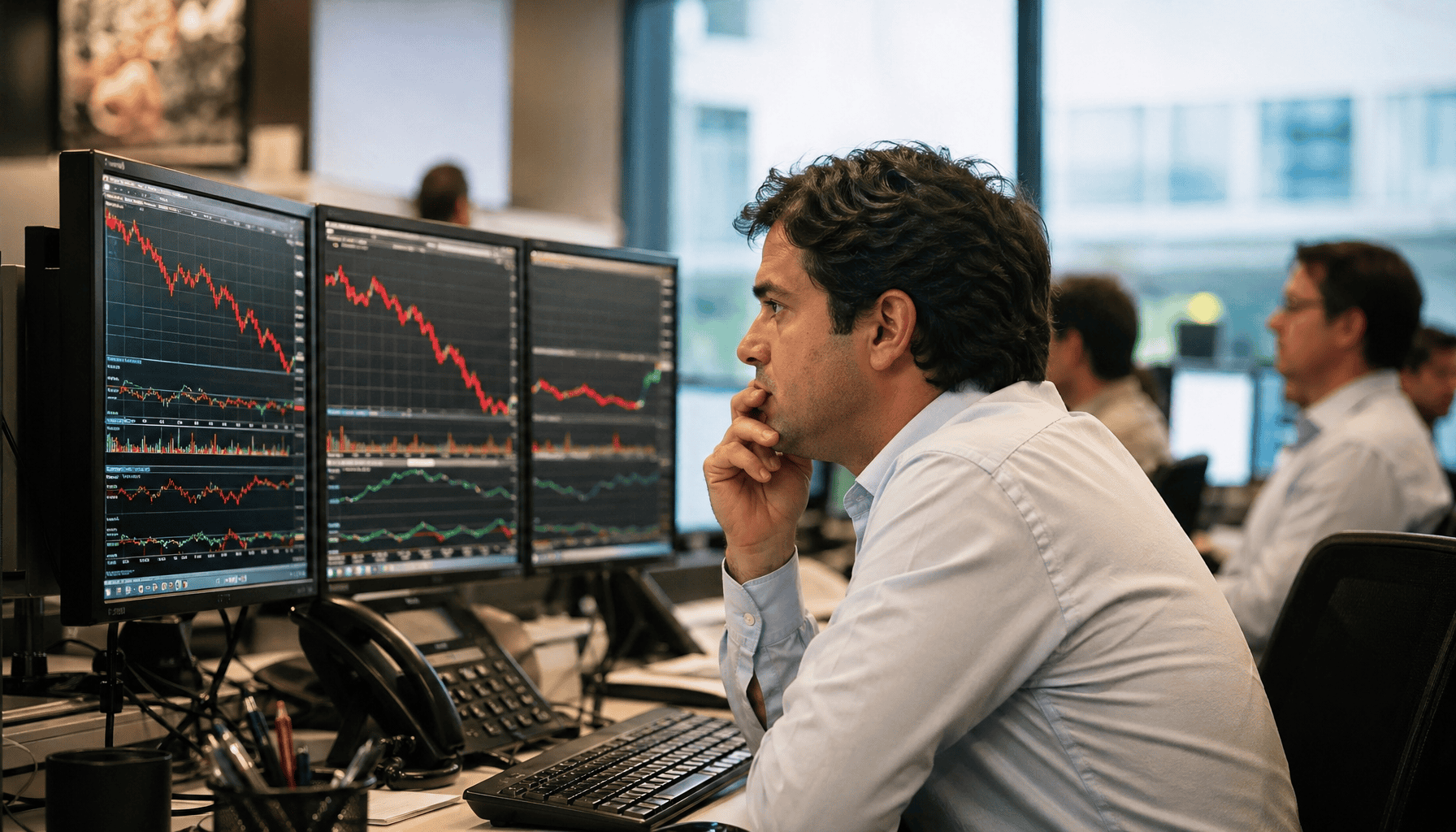 Trader concentrado observando múltiplos monitores com gráficos financeiros em queda, mercado de ações Ibovespa