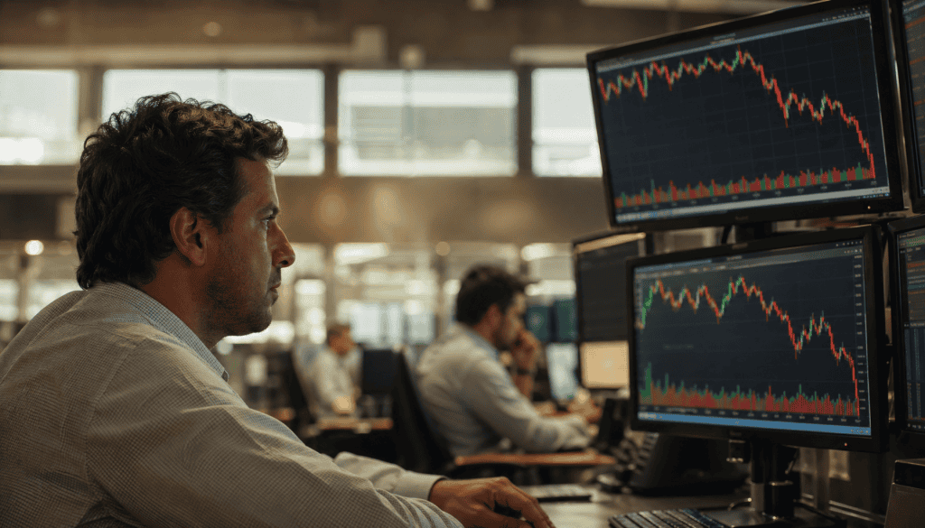 Trader concentrado observando monitores com gráficos financeiros mostrando tendência de queda, mercado financeiro Ibovespa