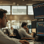 Trader concentrado observando monitores com gráficos financeiros mostrando tendência de queda, mercado financeiro Ibovespa