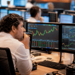 Trader concentrado observando múltiplos monitores com gráficos financeiros e cotações em tempo real no pregão
