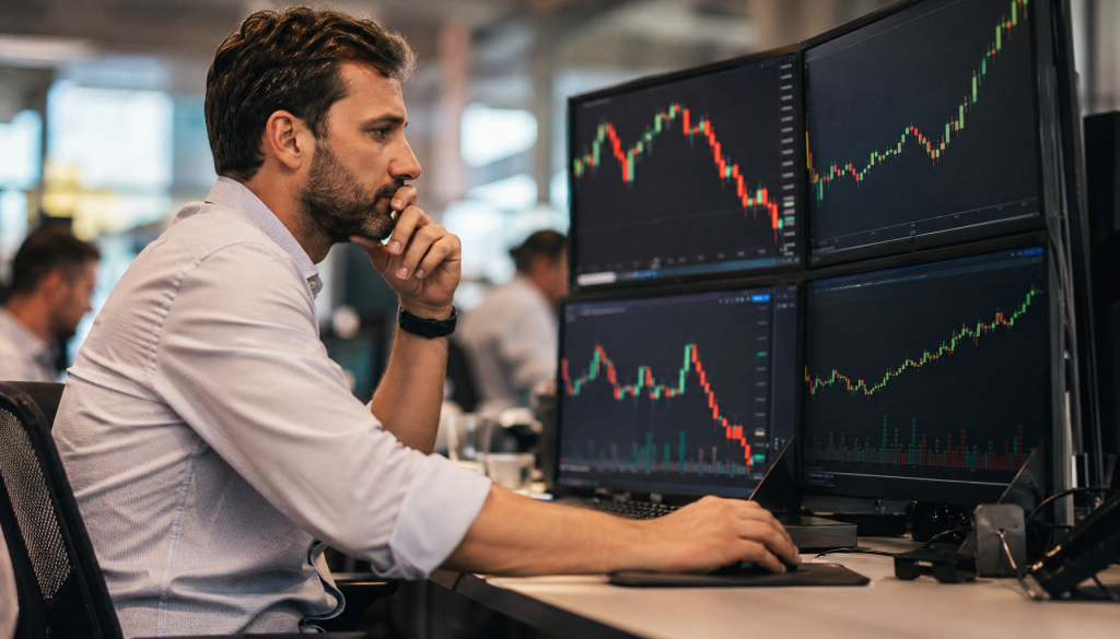 Trader concentrado analisando múltiplos gráficos financeiros em monitores com candlesticks vermelhos e verdes, mercado ações