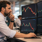 Trader concentrado analisando múltiplos gráficos financeiros em monitores com candlesticks vermelhos e verdes, mercado ações