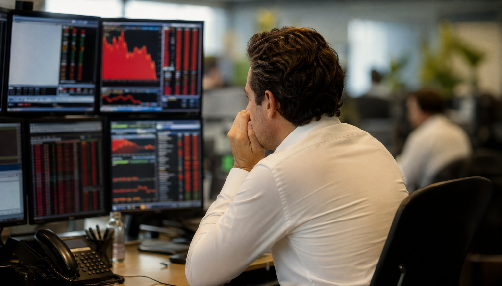Trader de costas observando múltiplos monitores com gráficos vermelhos de queda no mercado financeiro, bolsa de valores