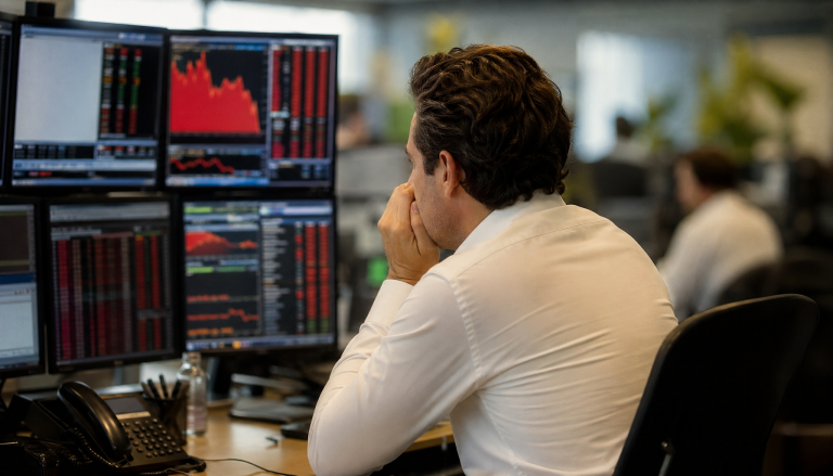 Trader de costas observando múltiplos monitores com gráficos vermelhos de queda no mercado financeiro, bolsa de valores