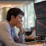 Trader concentrado observando monitores com gráficos financeiros em queda, indicadores vermelhos, análise técnica bolsa