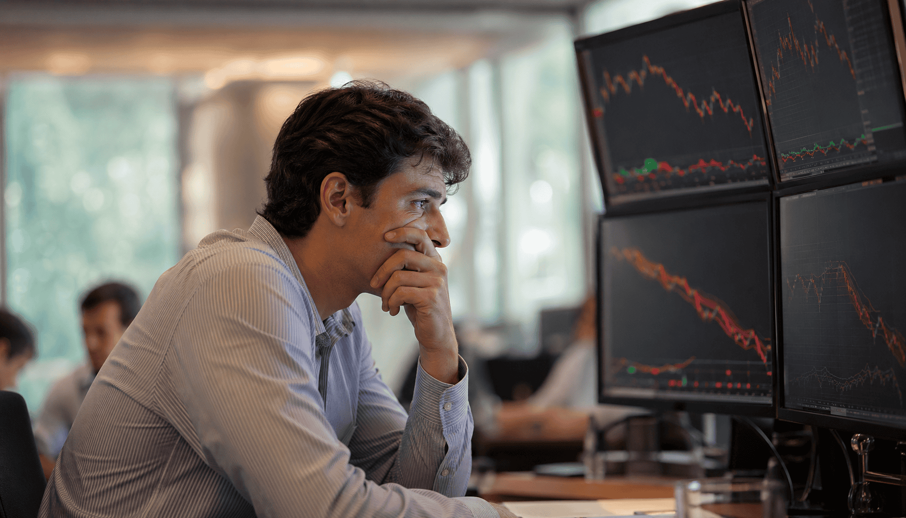 Trader concentrado observando monitores com gráficos financeiros em queda, indicadores vermelhos, análise técnica bolsa