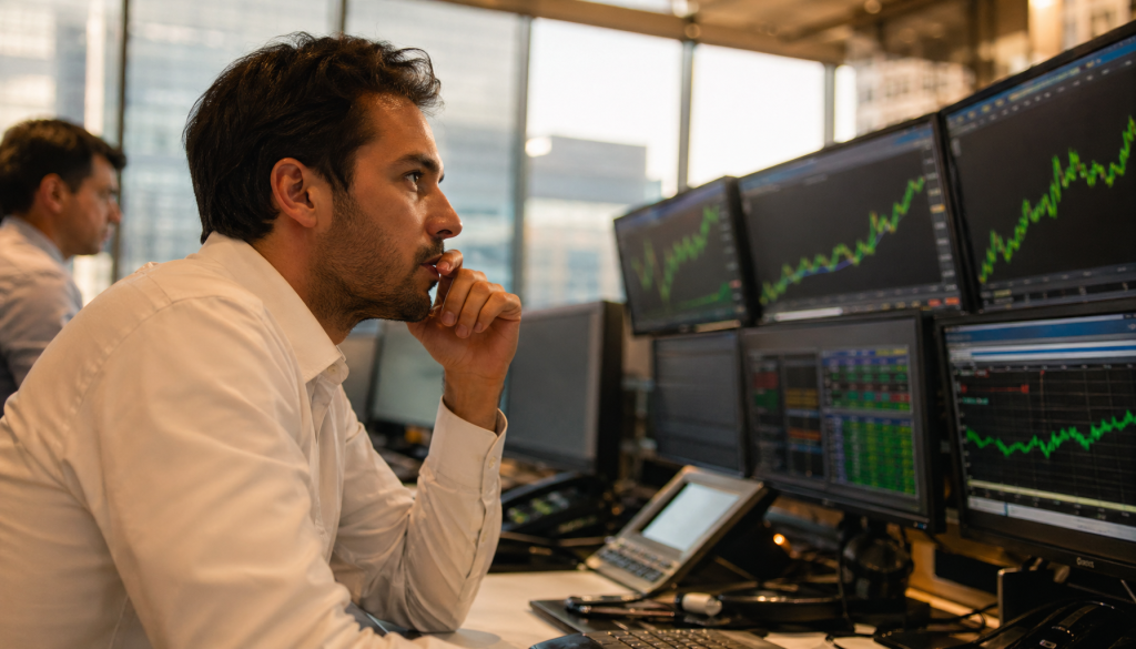 Profissional em camisa branca analisa múltiplas telas com gráficos financeiros verdes em ambiente de trading Ibovespa mercado
