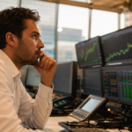 Profissional em camisa branca analisa múltiplas telas com gráficos financeiros verdes em ambiente de trading Ibovespa mercado