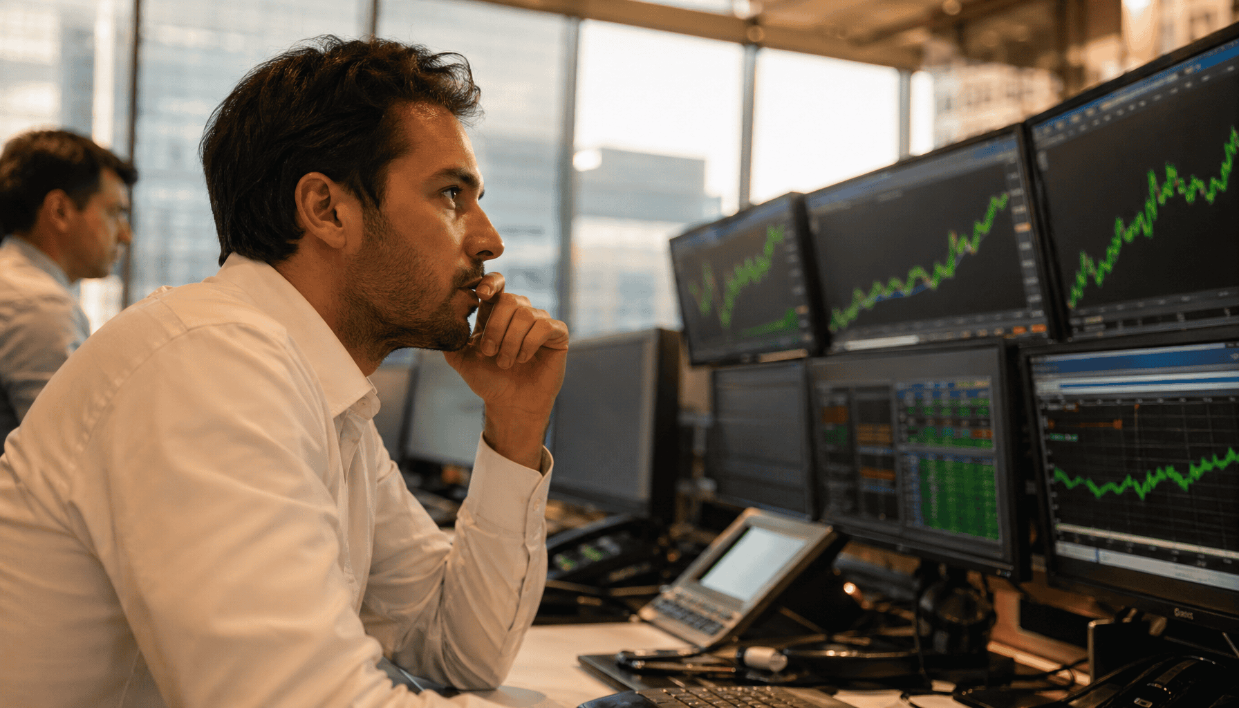 Profissional em camisa branca analisa múltiplas telas com gráficos financeiros verdes em ambiente de trading Ibovespa mercado