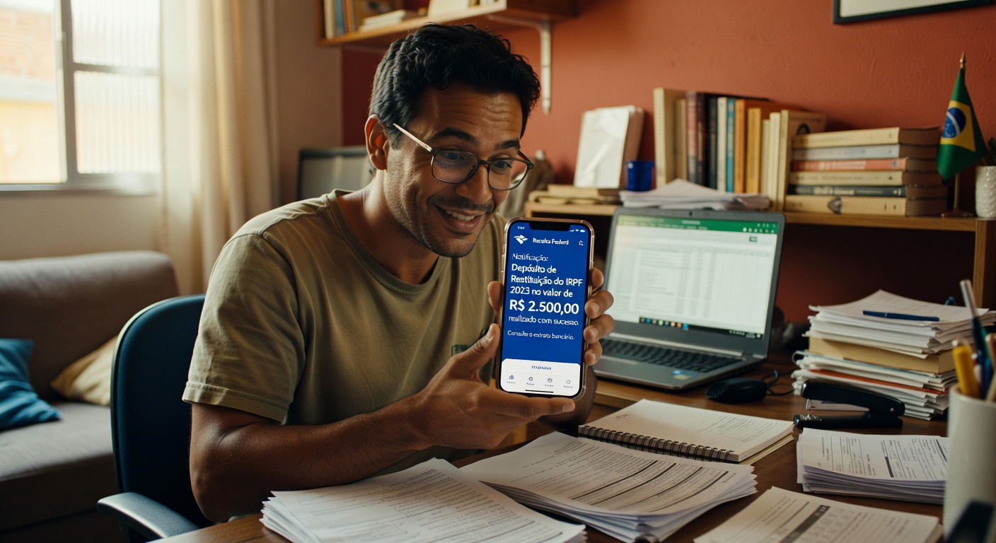 Homem sorrindo segura smartphone exibindo tela com valor de R$ 2.500 de restituição do IRPF 2023, economia digital
