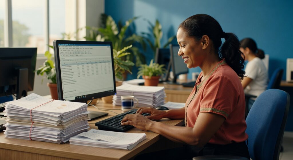 Profissional feminina digitando em computador com planilhas na tela, pilhas de documentos na mesa, ambiente corporativo moderno