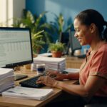 Profissional feminina digitando em computador com planilhas na tela, pilhas de documentos na mesa, ambiente corporativo moderno