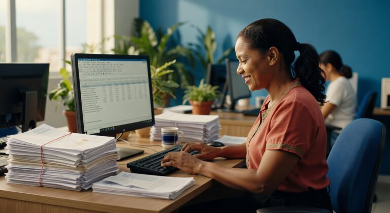 Profissional feminina digitando em computador com planilhas na tela, pilhas de documentos na mesa, ambiente corporativo moderno