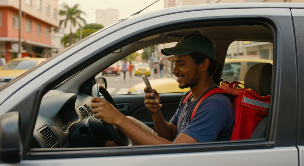 Entregador de aplicativo usando smartphone no interior de veículo com mochila térmica vermelha trabalho digital gig economy