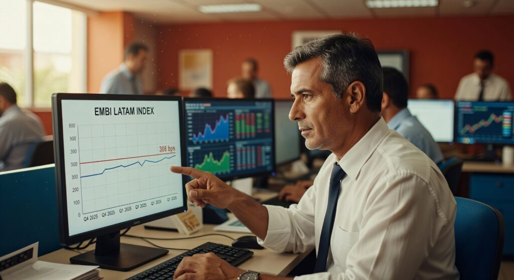 Profissional analisando gráfico do EMBI LATAM Index em monitor, mostrando evolução de 306 bps, mercado financeiro